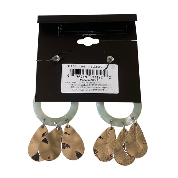 Massini Dangle Earrings Mint Green Hoop Gold Tone Teardrop Charms Hook - Picture 2 of 3